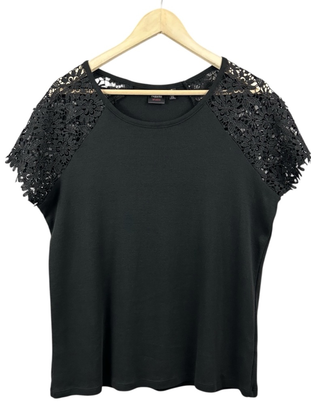 Rafaella Studio Fitted Stretch Black Cotton and Crochet T-shirt Size XL
